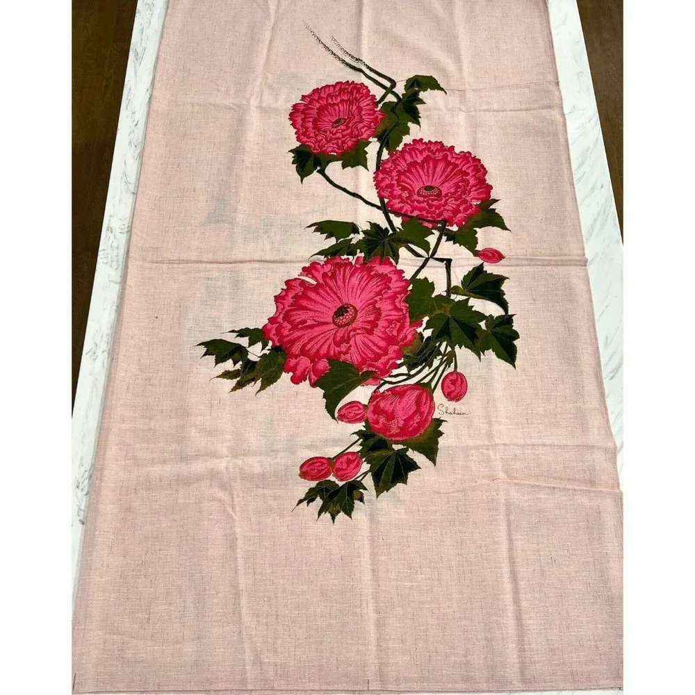 Vintage Alfred Shaheen 2 Panels Linen Fabric Pink Floral Hand Printed 52" x 44" - Picture 1 of 4